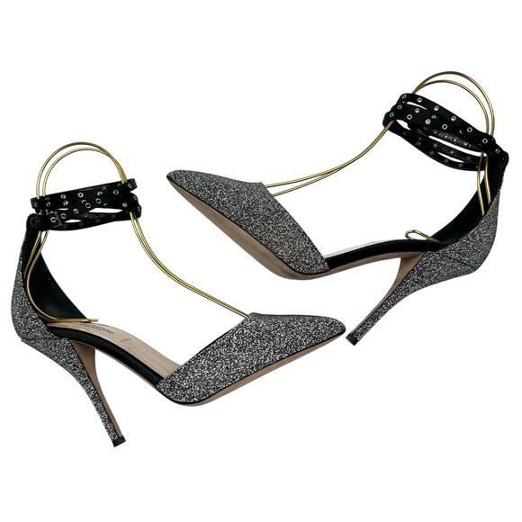 VALENTINO GARAVANI Glitter Ankle Strap Pumps EU 38 US 8 Silver Metallic Heels - Picture 7 of 11